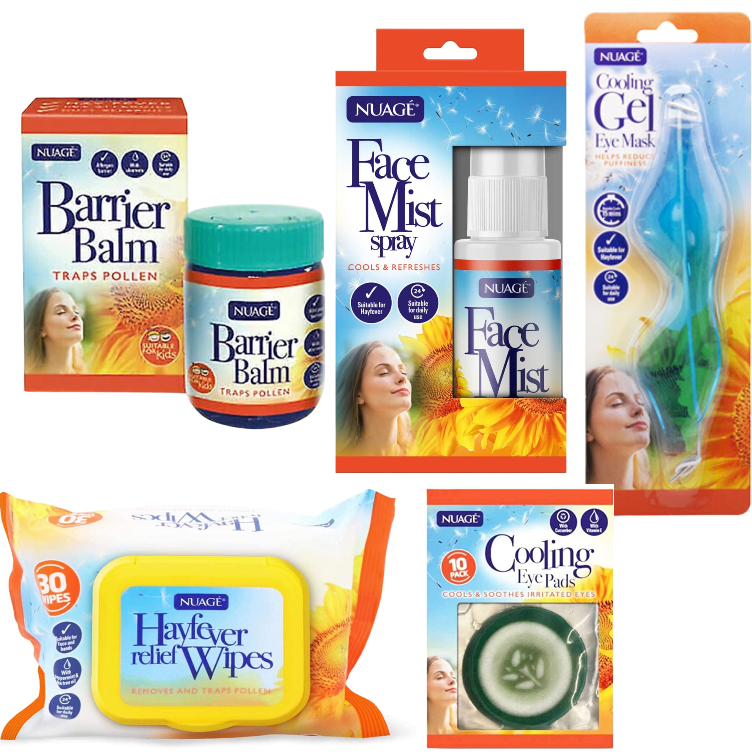 Nuage Hayfever Survival Kit - 30 Resealable Allergy Relief Wipes, Soothing Barrier Balm, Hydrating Face Mist, Cooling Gel Eye Mask & Eye Pads | Natural Allergy Remedy for Adults & Kids | Perfect for Outdoor Activities, Travel & Daily Use