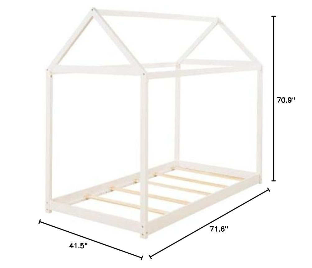 Twin Size Wooden House Bed Frame - Daybed & Floor Bed for Teens, Kids, Boys & Girls - Decorative White Bedroom Furniture for Cozy & Playful Spaces