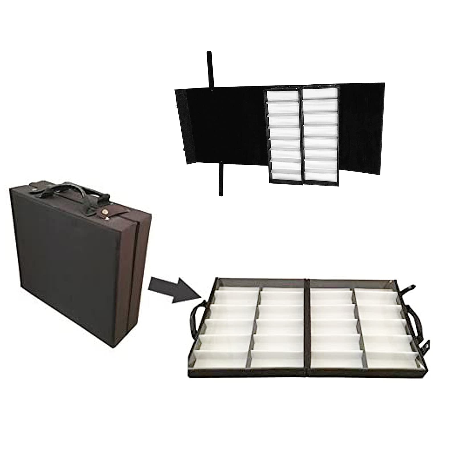 Premium PU Leather Foldable Eyeglasses Display Case with Password Key Lock - Secure Storage for 80 Pairs of Sunglasses, Eyewear, Watches & Jewelry - 18.9x8.86x14.17 Inch - Perfect for Retail Stores, Trade Shows & Home Organization