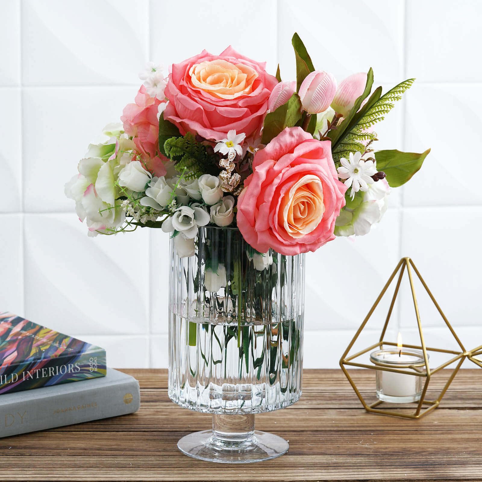 Efavormart 2 Pack 9 Inch Ribbed Glass Vases - Heavy Duty Clear Pedestal Candle Holders with Ridges for Wedding Centerpieces, Home Decor, and Party Decorations