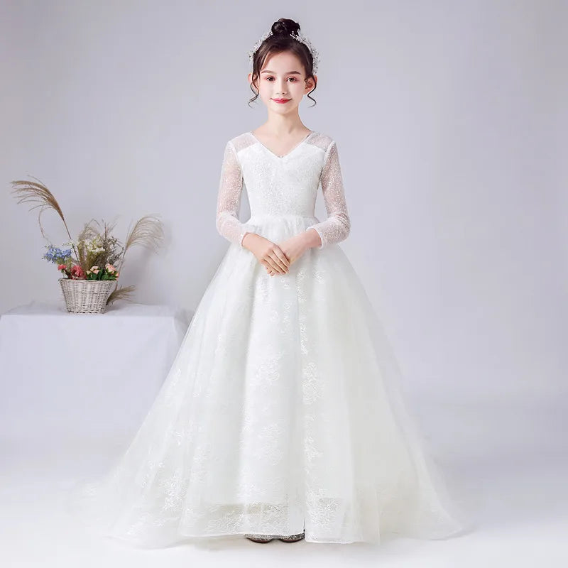 Elegant Long Sleeve Lace Flower Girl Dress for Weddings - Princess Party Gown for Special Occasions, Birthday Celebrations & Formal Events
