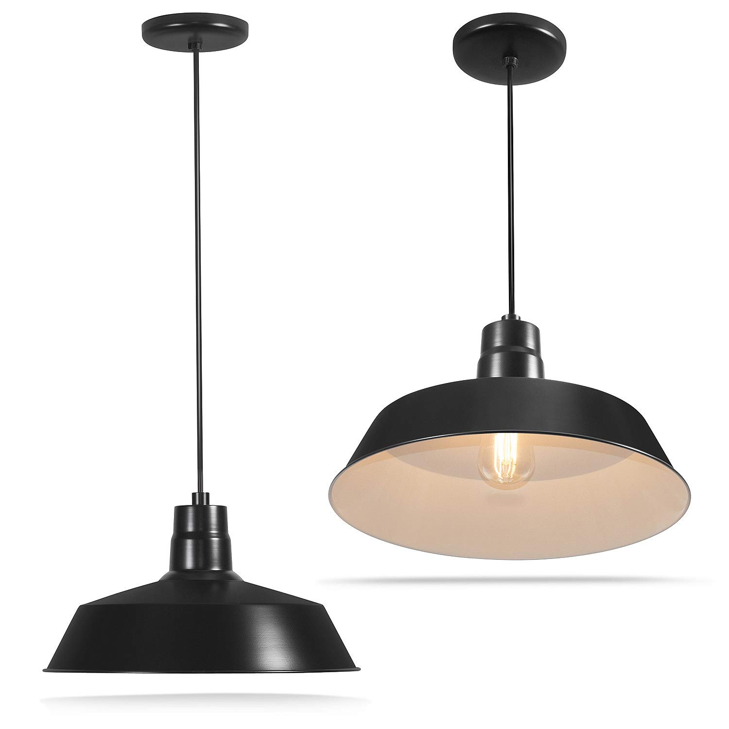 14-Inch Industrial Black Pendant Barn Light Fixture with 10ft Adjustable Cord - Vintage Ceiling-Mounted Hanging Light for Kitchen, Dining Room, Cafe & Indoor Use - 120V Hardwire, E26 Base LED Compatible, UL Listed (2-Pack) - Perfect for Farmhouse, Industrial & Retro Decor