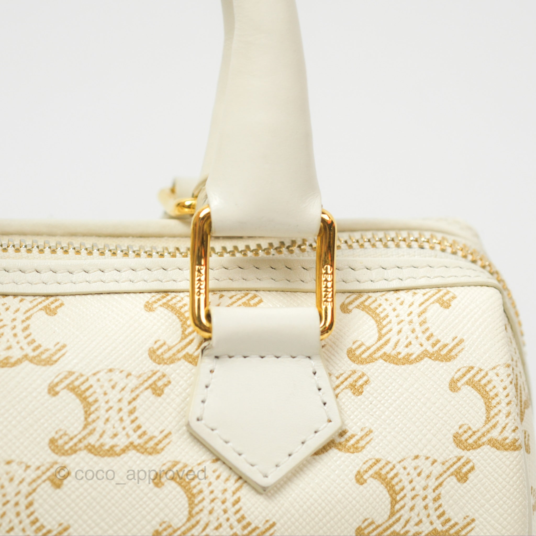Celine Small Triomphe Canvas Boston Bag in White Calfskin Leather - Luxury Crossbody Handbag for Women, Perfect for Work, Travel & Everyday Use