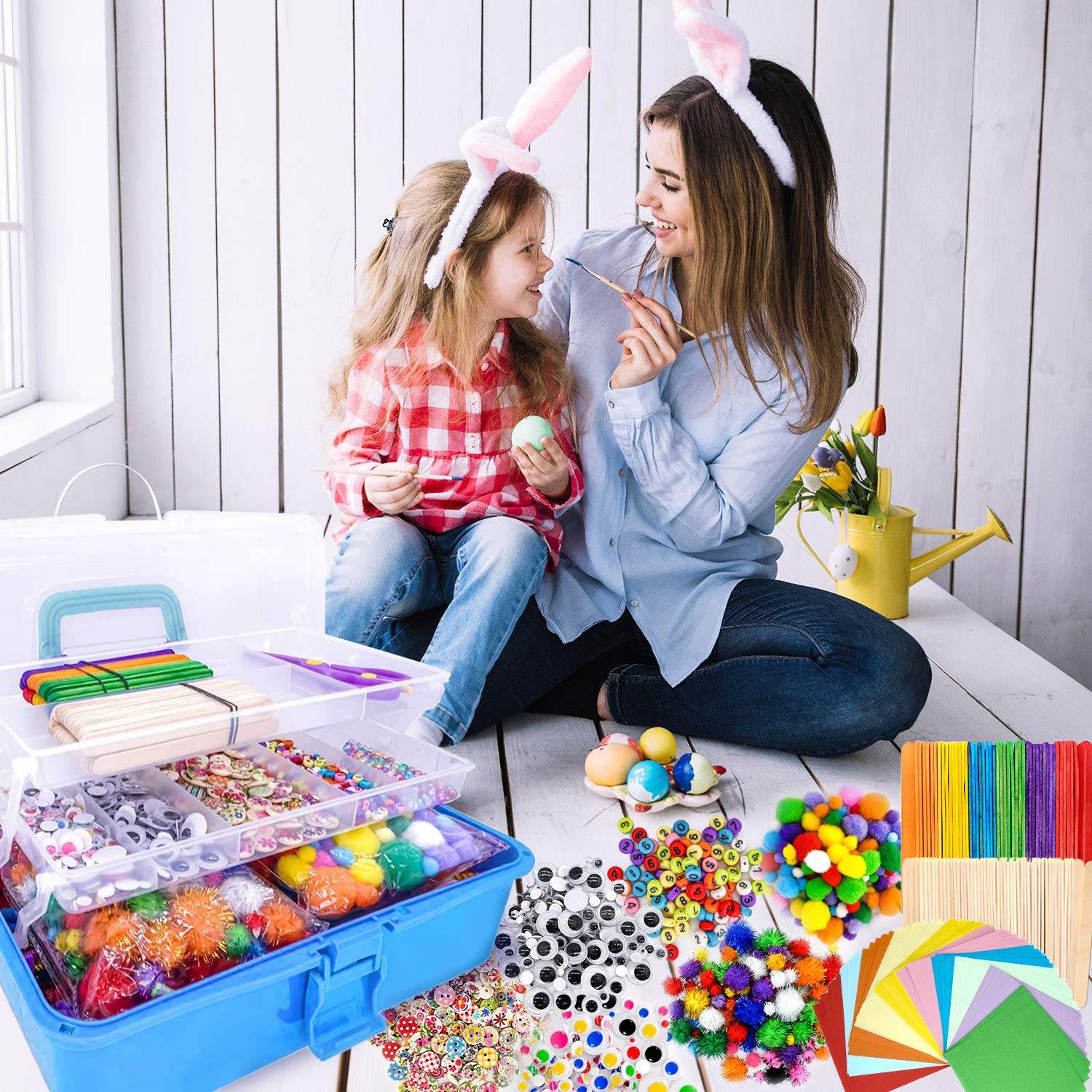 1405 Pcs Kids Arts and Crafts Supplies Kit - Pipe Cleaners, Pom Poms, Feathers, Storage Box for DIY Creative Projects | Perfect for Classroom, Birthday Party & Homeschool Activities (Blue)