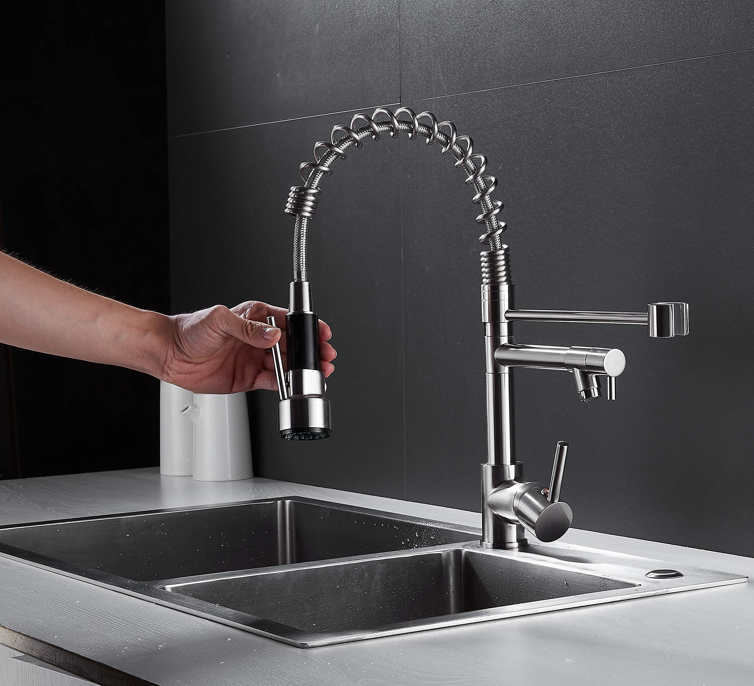 Commercial Single Handle Spring Kitchen Sink Faucet with Pull Down Sprayer - Brushed Nickel Finish (Deck Plate Included) - Ideal for Restaurant, Home Kitchen & Commercial Use