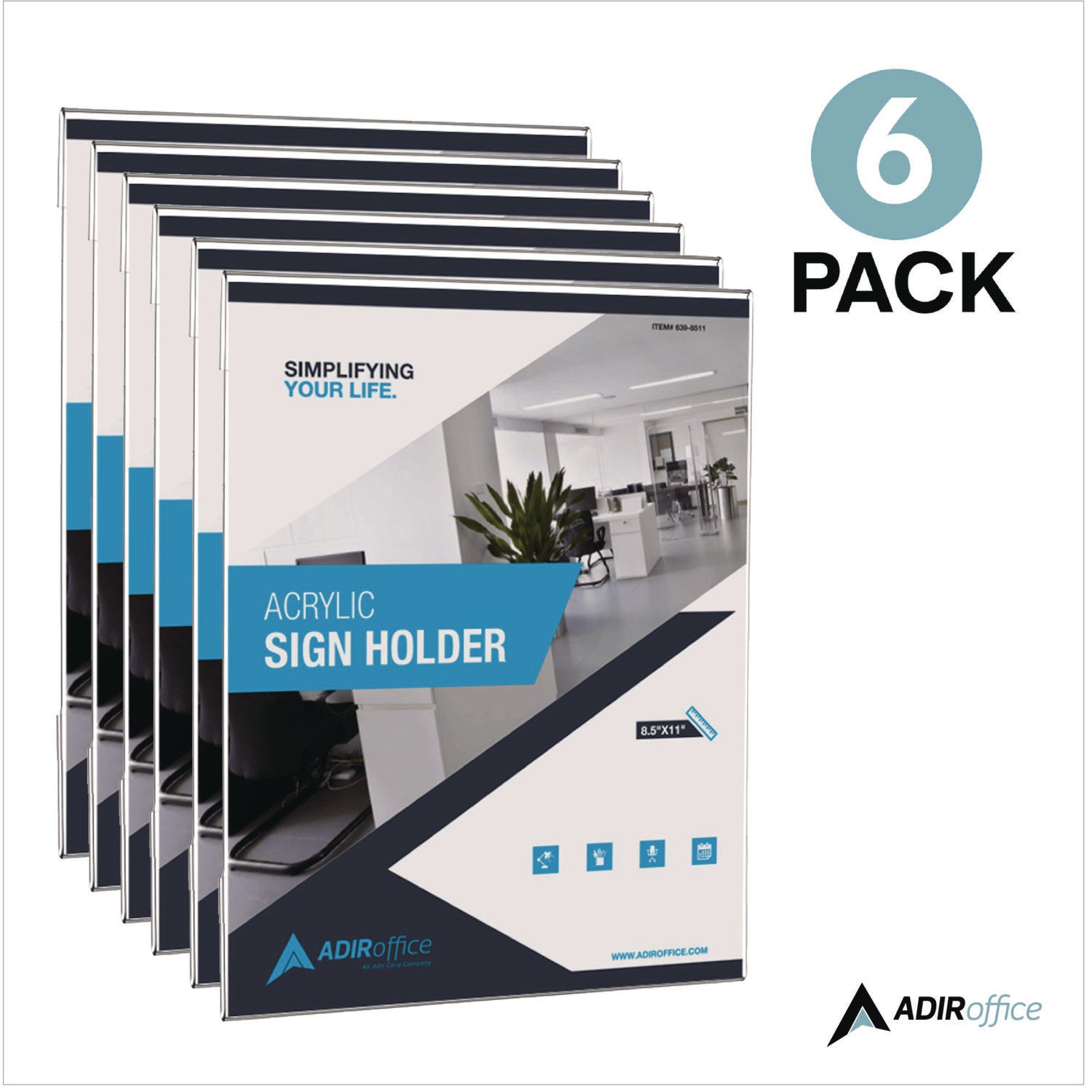 AdirOffice Wall Mount Side Loading Acrylic Sign Holders - 8x11 Inches Clear Plastic Frames for Menus, Posters & Flyers - Set of 6 for Retail, Restaurants & Offices