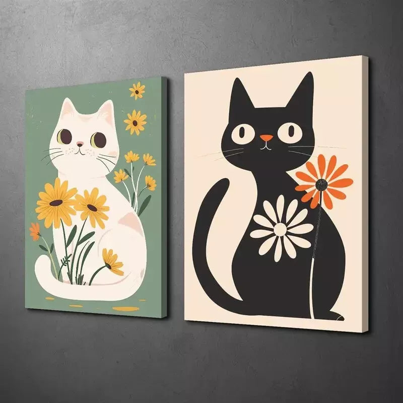 2-Piece Colorful Garden Black Cat & White Cat Canvas Art with Yellow Daisy Boho Print - 50x75cm High Quality Framed Wall Decor | Ready to Hang | Perfect for Living Room, Bedroom & Office Decor