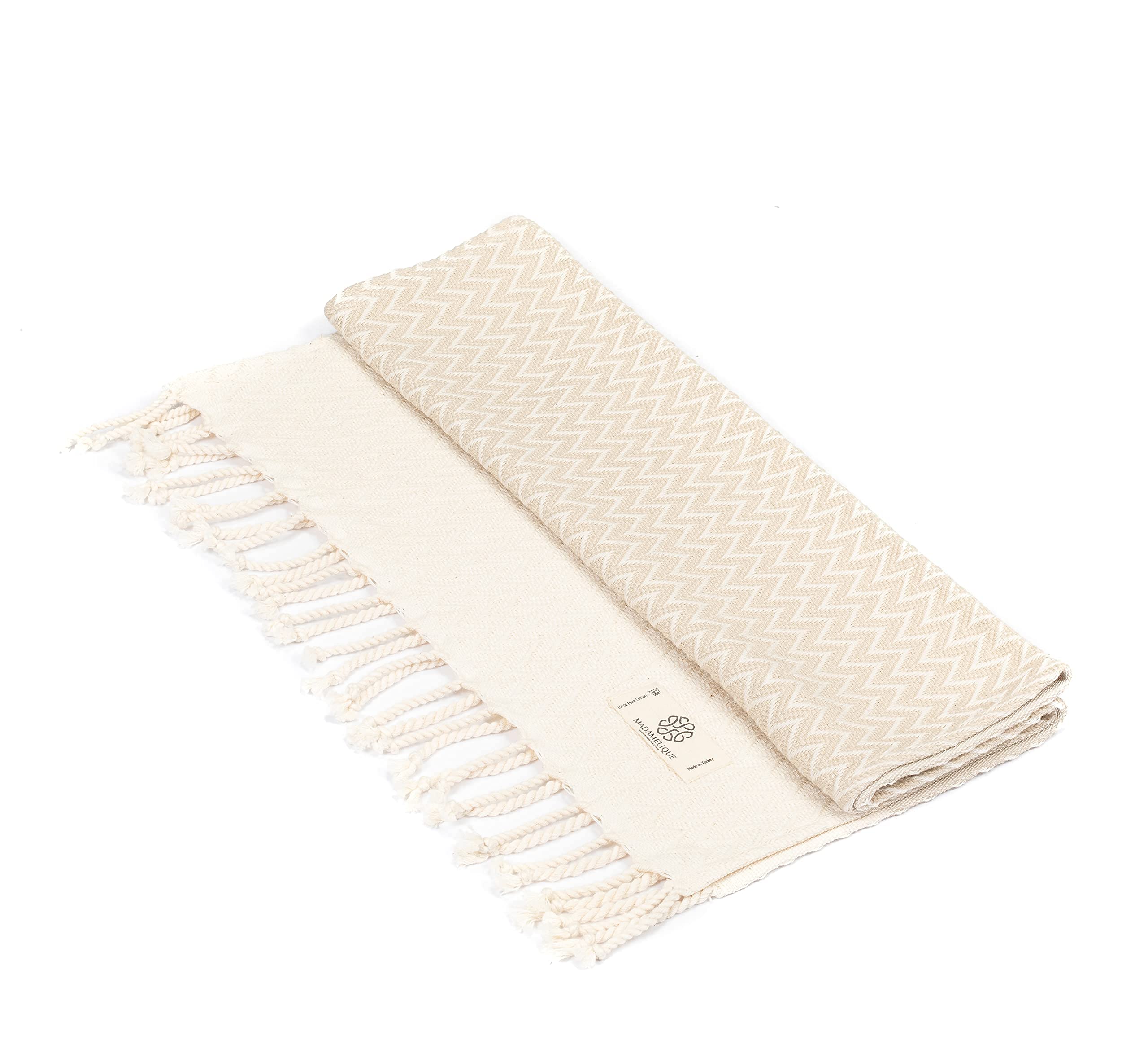 Madamelique 100% Pure Cotton Hand Towels Set of 2 (18x40 Inches) - Soft Absorbent Bath & Kitchen Towels for Hand, Face, Hair, Yoga, Spa, Tea Time & Dish Drying - Decorative Peshtemal Towel for Bathroom, Guest House & Luxury Hotels (Beige)