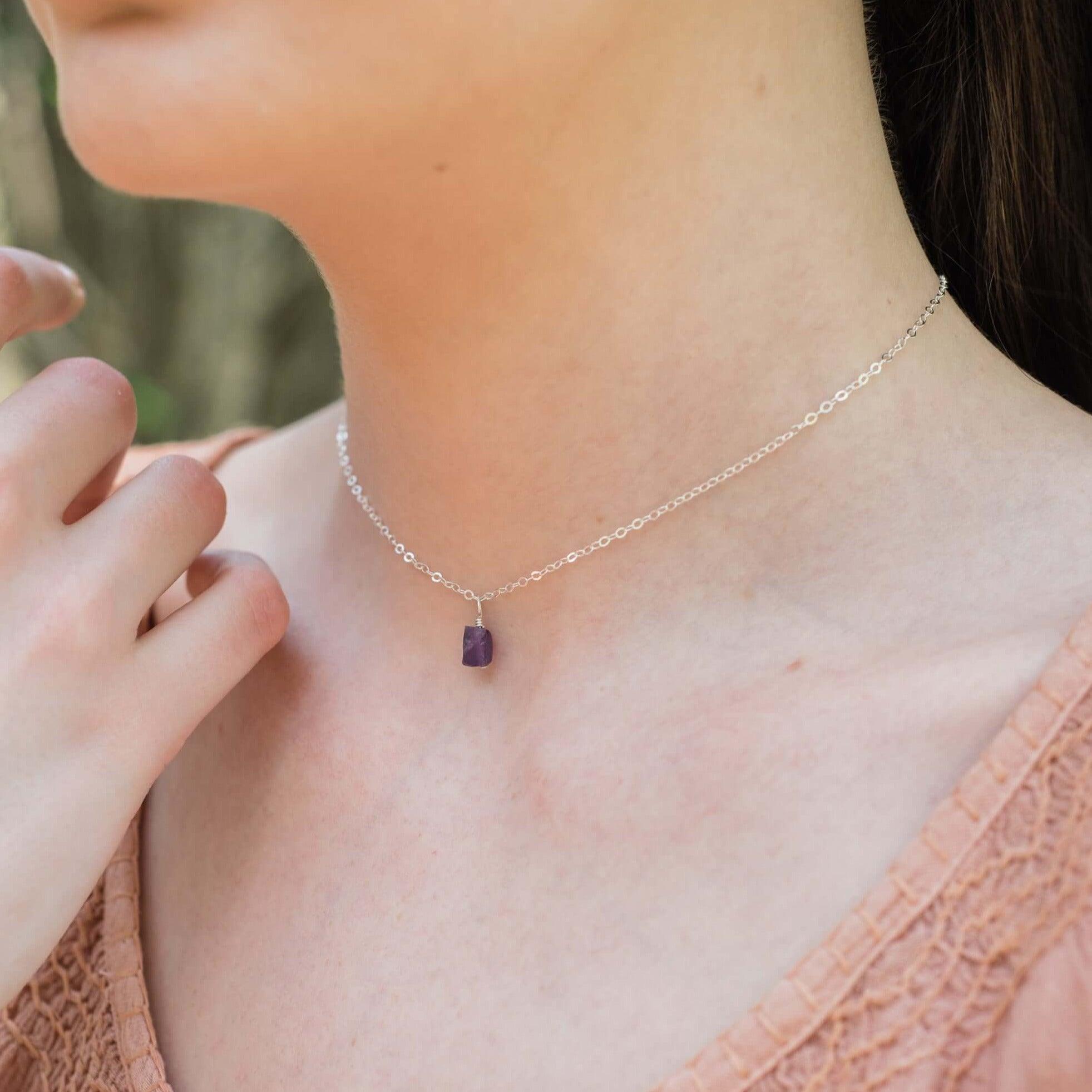 Natural Tiny Rough Amethyst Gemstone Pendant Necklace - Elegant Choker for Women, Spiritual Healing Jewelry | Perfect for Meditation, Yoga & Boho Fashion