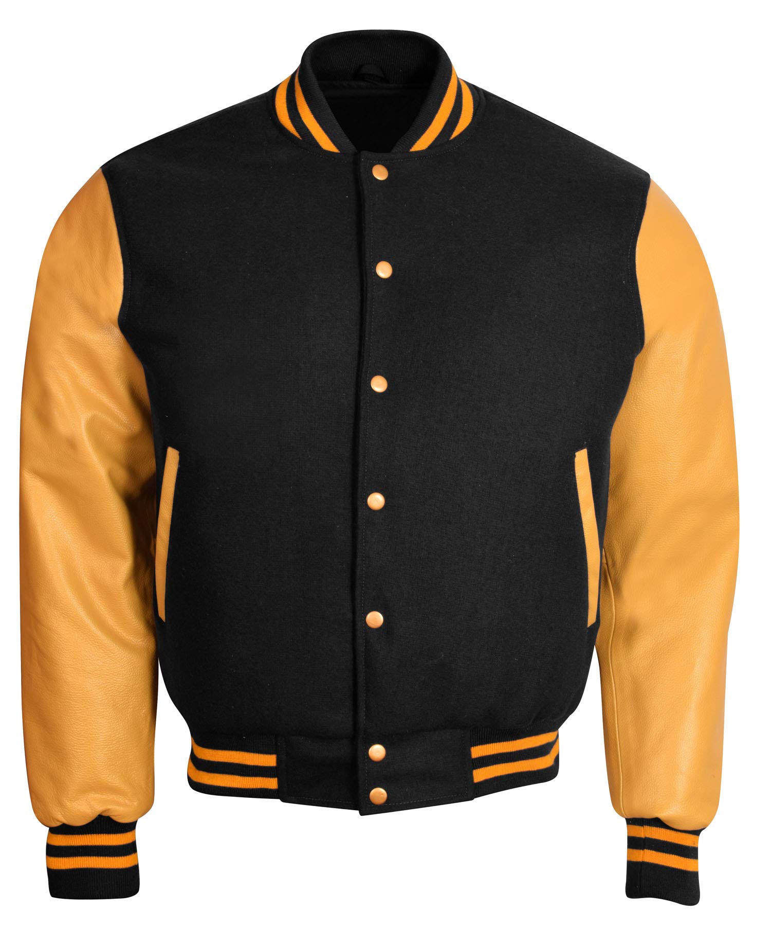 Varsity Letterman Baseball Jacket - Retro Vintage Bomber Style with Black Wool Body & Gold Genuine Leather Sleeves | Perfect for High School Sports, College Games, and Casual Streetwear Fashion