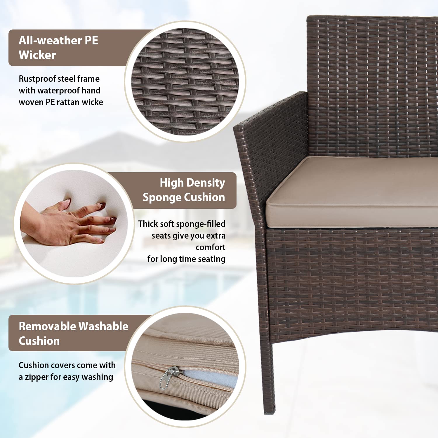 3-Piece Outdoor Wicker Bistro Set - Patio Conversation Furniture with 2 PE Rattan Chairs, 2 Cushions & Coffee Table - Perfect for Garden, Yard, Porch or Balcony Relaxation & Entertaining