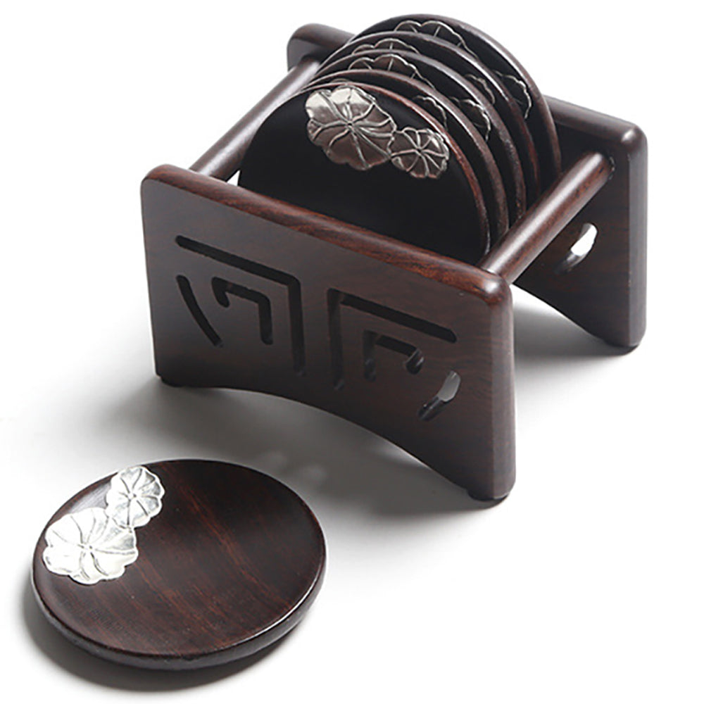 Premium Peach Blossom Ebony Wood Coaster Set - Natural Wood Drink Coasters for Coffee, Wine & Cocktails - Elegant Home Bar & Dining Table Decor