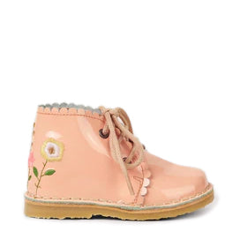 Petit Nord Baby Booties - Soft Blush Patent Leather with Embroidered Scalloped Design | Comfortable First Walkers for Newborns & Infants | Perfect for Photo Shoots, Christenings & Special Occasions