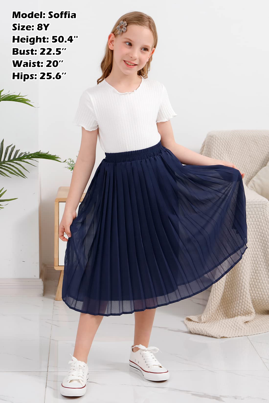 GORLYA Girls Chiffon Pleated Elastic High Waist A-Line Boho Swing Maxi Long Skirt for Kids 4-14T - Perfect for Summer Outfits, Beach Vacations & Boho Fashion
