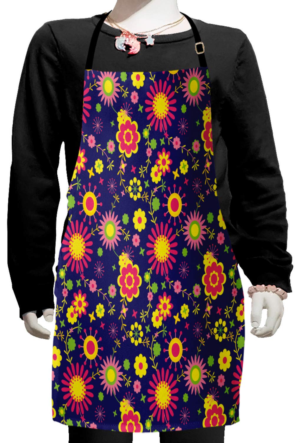 Ambesonne Floral Apron - Colorful Flower Design on Dark Lavender, Adjustable Ties for Baking, Painting & Cooking - Small Size Kitchen Apron for Women & Teens - Perfect for Baking, Art Classes & Home Decor