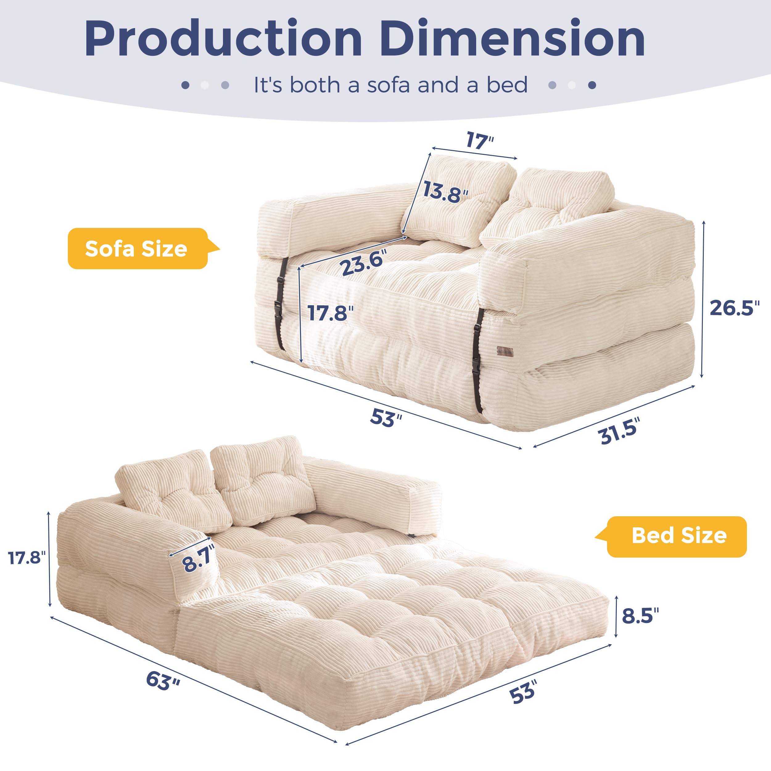 MAXYOYO L-Shaped Folding Sofa Bed - Convertible Sleeper Couch with Armrest & Pillow, Portable Fold Out Chair for Living Room & Bedroom - Comfortable Floor Lounge Sofa (Double Size, Beige) - Perfect for Small Spaces, Guest Rooms & Apartments