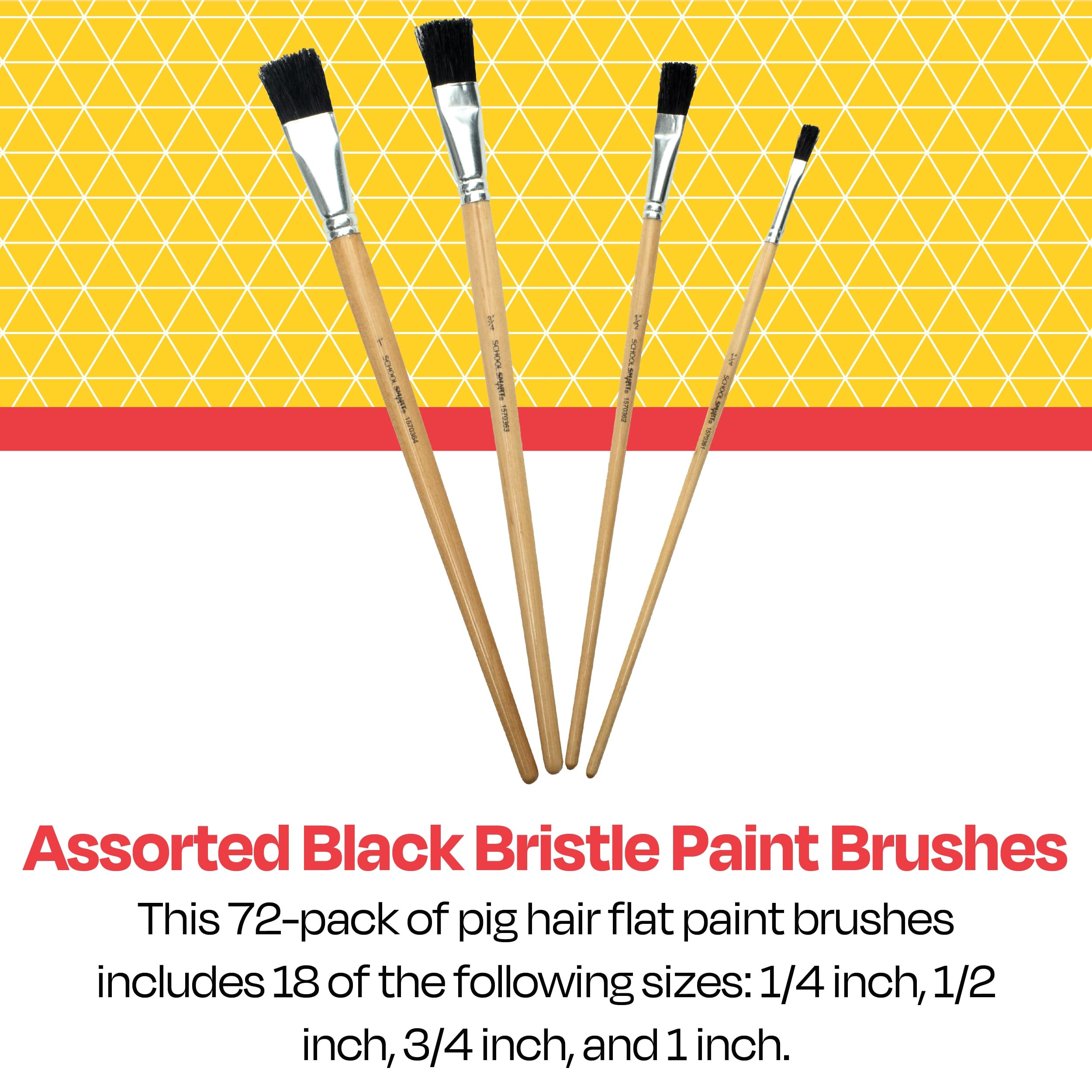 School Smart Black Bristle Paint Brushes with Enameled Hardwood Handles - Bulk Set of 72 Assorted Sizes for Classroom, Art Projects & DIY Crafts - Perfect for Kids, Students & Professional Artists