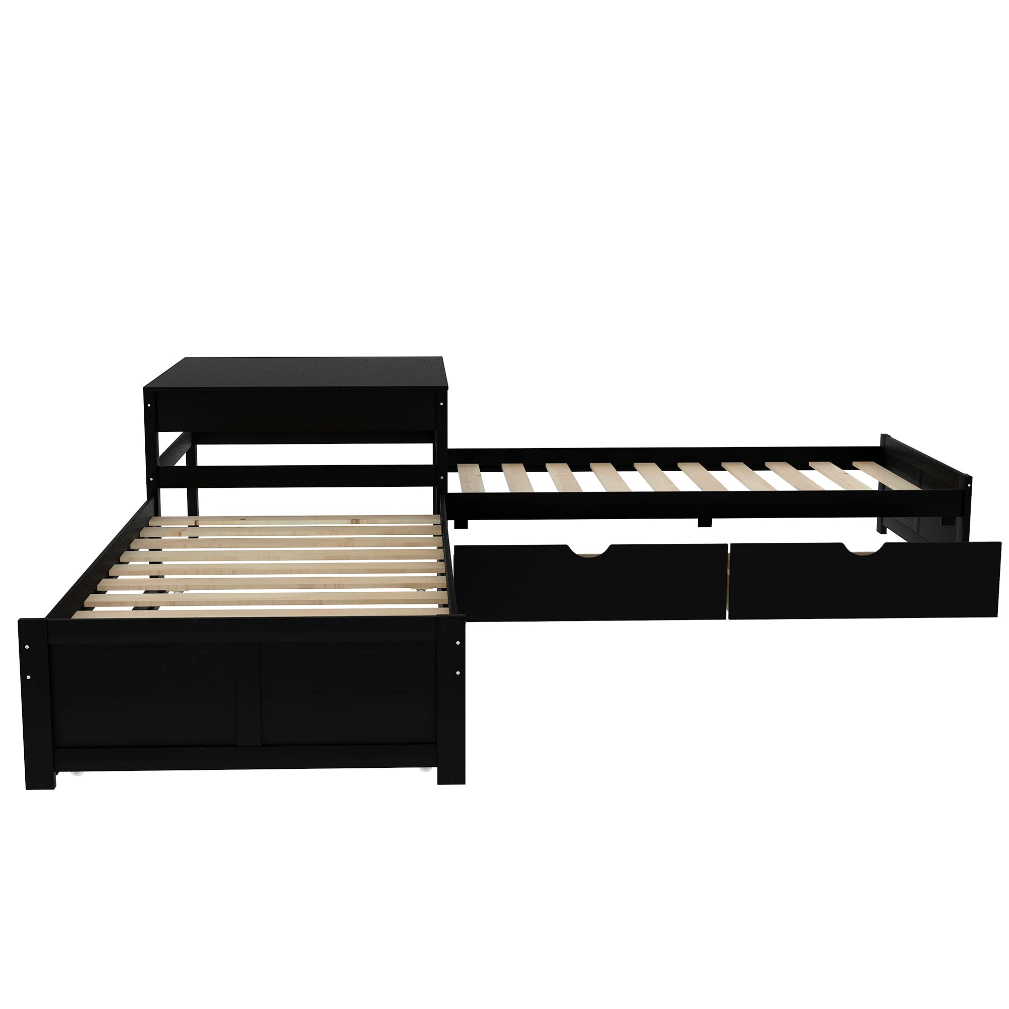 SOFTSEA L-Shaped Corner Beds with Trundle & Storage Drawers - Low Profile Wooden Platform Bed Frame with Built-in Nightstand | Space-Saving Solution for Small Bedrooms & Kids' Rooms