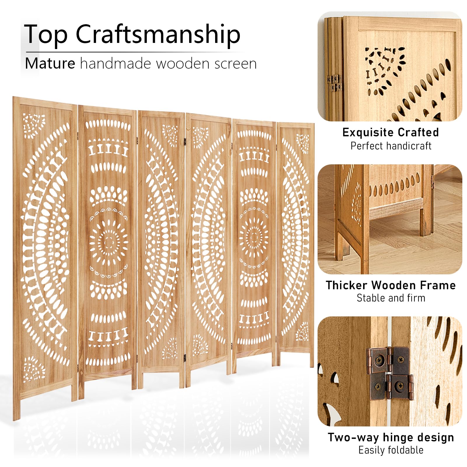 5.6 FT Wooden Room Divider Screen - 6 Panel Folding Partition Wall with Carved Design for Home, Bedroom & Office | Portable Space Separator for Privacy, Decoration & Room Organization (Natural Finish)