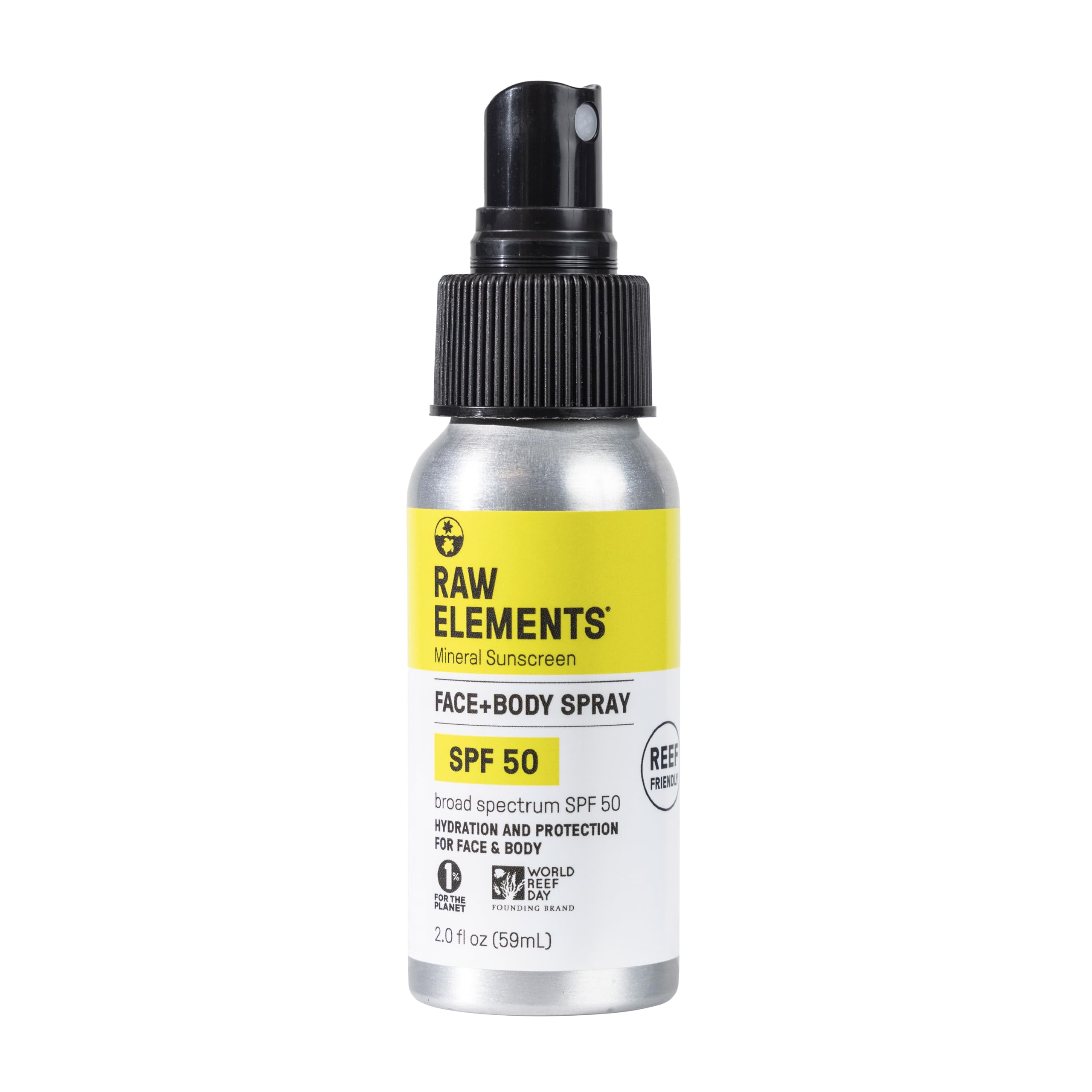 Raw Elements SPF 50 Mineral Sunscreen Spray - All Natural, Reef Safe & Water Resistant | Broad Spectrum UVA/UVB Protection for Face & Body | Safe for Kids & Adults | Travel Size 2oz | Perfect for Beach, Pool, Hiking & Outdoor Activities