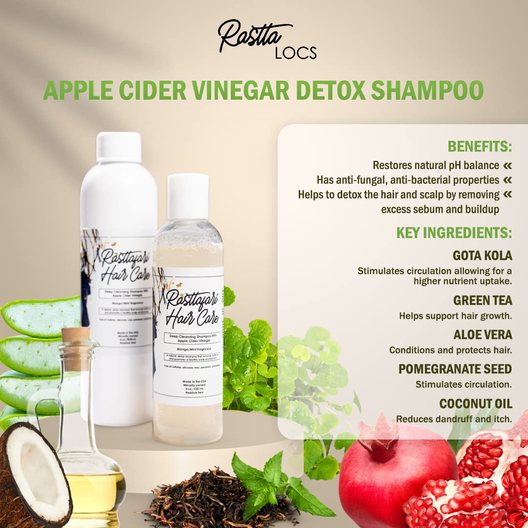 Rastta Locs Apple Cider Vinegar Shampoo - Deep Cleansing & Detox for Dreads, Twists & Braids | pH Balanced with Aloe Vera & Peppermint Oil | Residue Removal for Healthy Locs (8 oz) | Perfect for Weekly Scalp Refresh & Natural Hair Maintenance