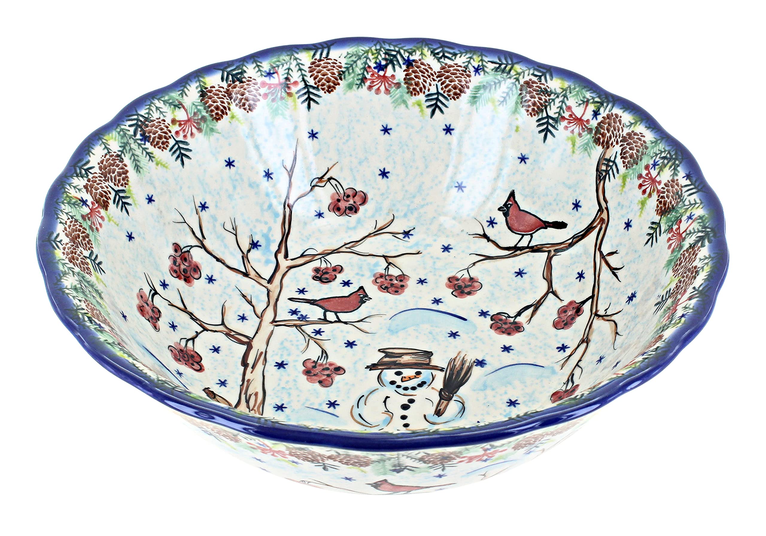 Handmade Blue Rose Polish Pottery Snowman Serving Bowl - Large Christmas Dinnerware for Holiday Parties & Festive Table Decor