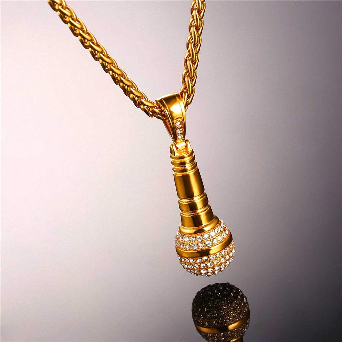 Stainless Steel Gold Rhinestone Microphone Pendant Ice Out Chain Necklace for Men & Women - Perfect for Concerts, Parties & Hip Hop Fashion