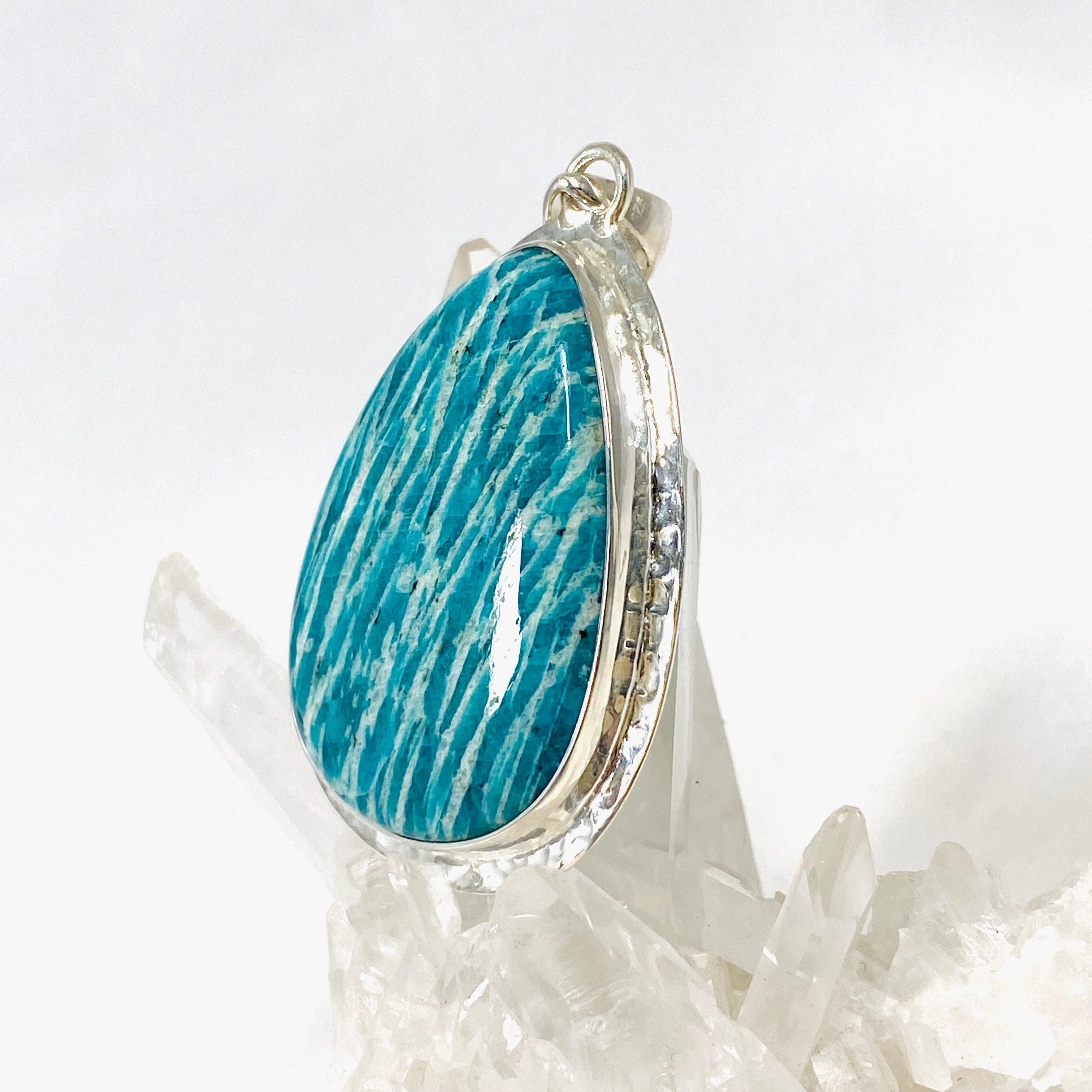 Amazonite Teardrop Pendant Necklace - Handcrafted Hammered Sterling Silver Setting KPGJ3754 | Boho Chic Jewelry for Women, Gift for Her, Spiritual Healing Crystal