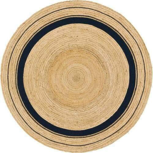 Handmade Natural Jute Round Area Rug with Black Line - 3x3 Feet Braided Beige Rug for Boho Living Room, Bedroom & Home Decor | Eco-Friendly Floor Mat for Yoga, Meditation & Cozy Spaces (VP JR51)