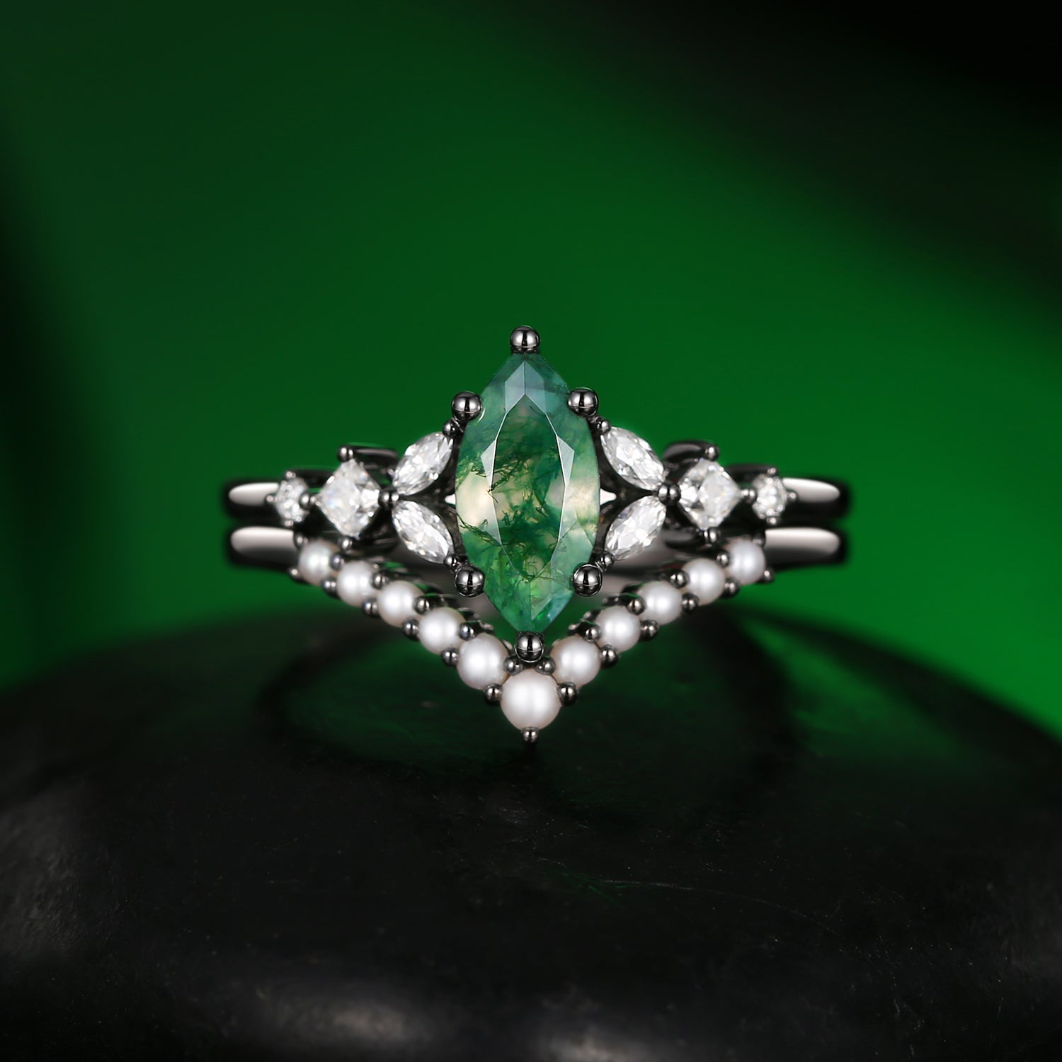 Marquise Moss Agate Vintage Pearl Ring Set - 2 Piece Jewelry for Women | Perfect for Weddings, Anniversaries & Special Occasions