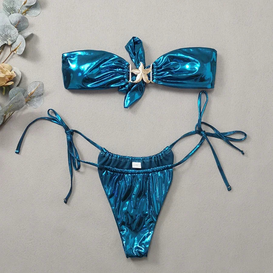 Gem Blue Glossy Bikini Set - Women's Sexy Bandeau Backless Thong Swimwear for Summer Beach Vacation | Perfect for Pool Parties, Tropical Getaways & Instagram Photos