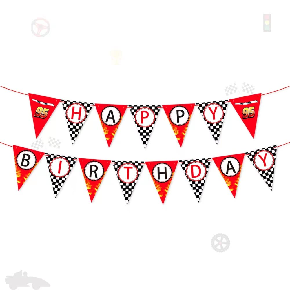 Race Car Happy Birthday Banner - Racing Themed Party Decorations, Checkered Flag Party Sign & Supplies for Boys' Birthday, Baby Shower, Kids Room Decor | Let's Go Racing Theme