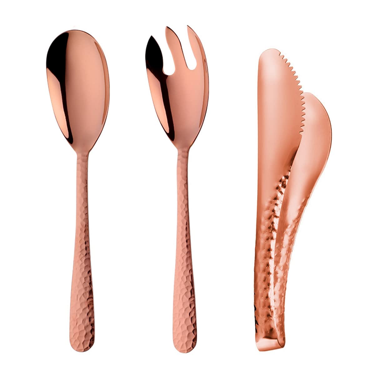 Premium 18/10 Stainless Steel Salad Serving Set - Hammered Finish Metal Salad Tongs with Spoon & Fork - Heavy Duty Rose Gold Kitchen Utensils for Buffet, Party, Catering & Home Dining