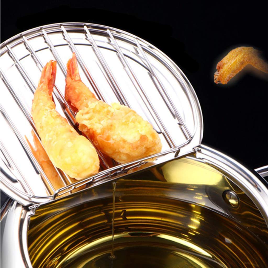 Premium Stainless Steel Deep Fryer Pot with Drainer & Thermometer - 20cm Tempura Fry Pan for Home & Restaurant Use - Perfect for Frying Chicken, Fish, Donuts & More