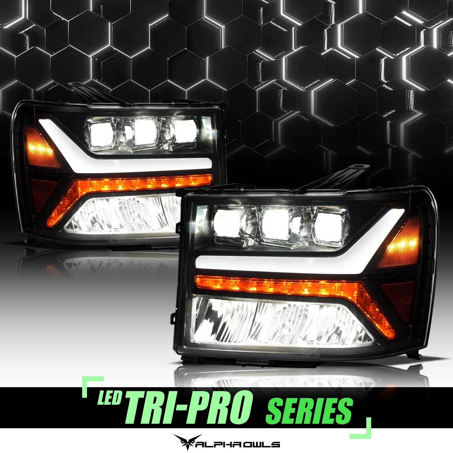 Alpha Owls LED Projector Headlights for 2007-2014 GMC Sierra - White Light Bar & Sequential Signals | Upgrade Your Truck Lighting
