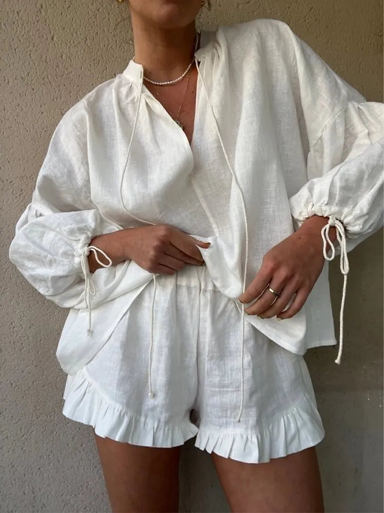 Women's Fashion Summer Cotton Linen 2-Piece Set - Loose Ruffle Shorts & Long Sleeve Drawstring Pullover Top | Casual Beach Outfit for Vacation, Travel & Outdoor Activities
