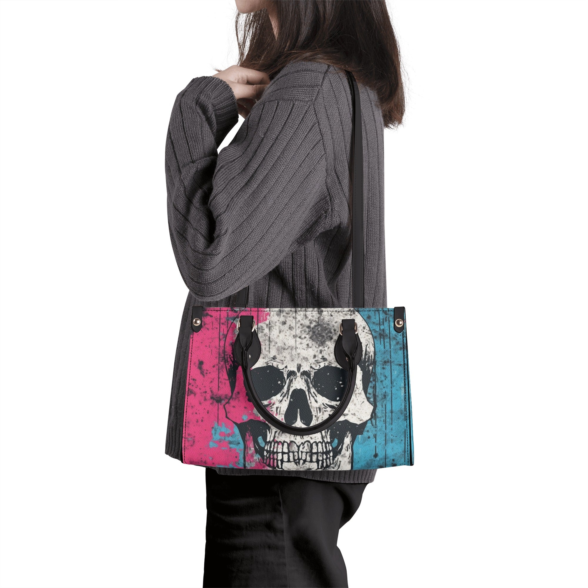 Luxury Pink & Blue Skull Leather Handbag with Adjustable Shoulder Strap - Fashionable Crossbody Purse for Women, Perfect for Parties, Date Nights & Daily Use