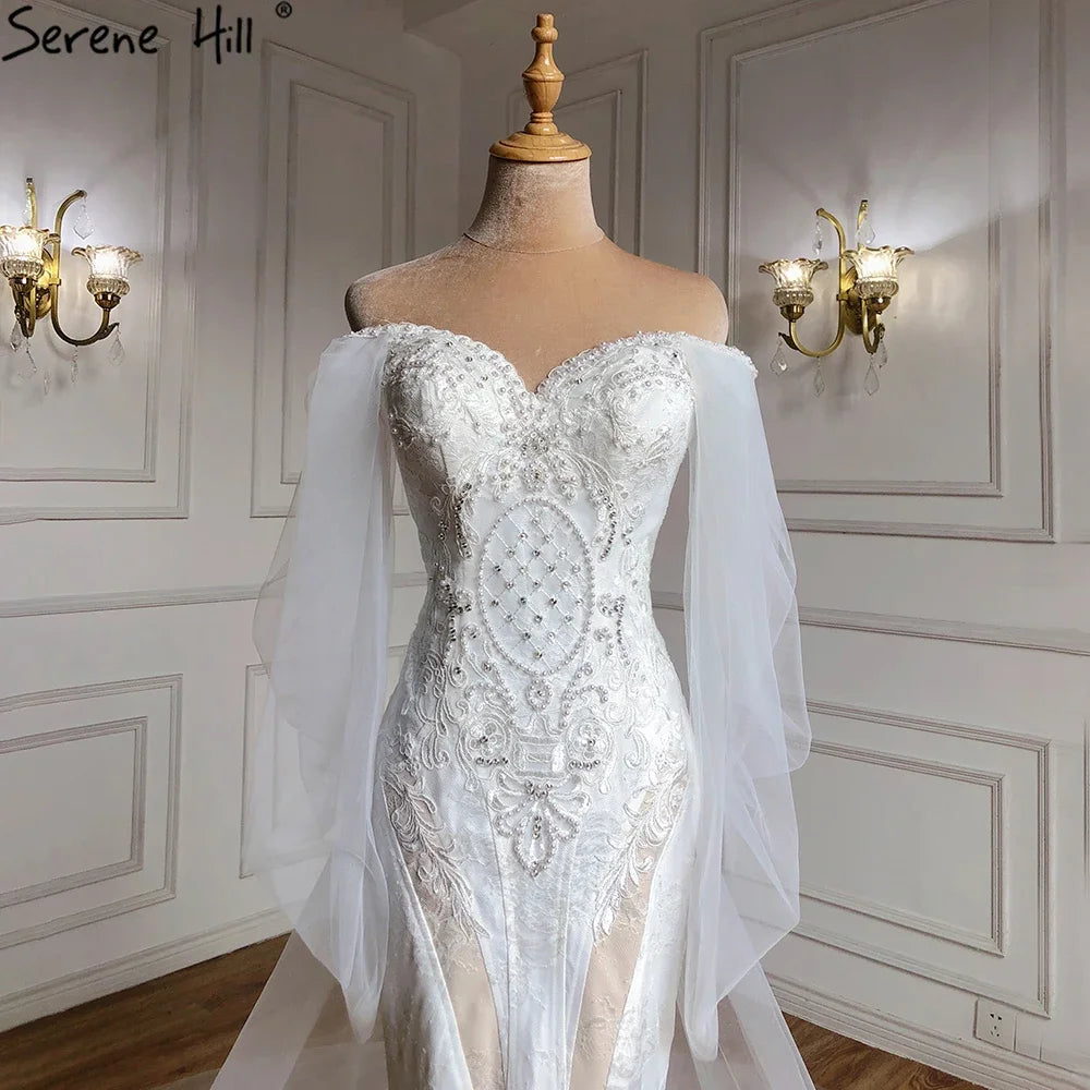 Elegant Off Shoulder Lantern Sleeves Wedding Dress with Crystal Lace - Custom Made Mermaid Bridal Gown for Dubai Weddings & Formal Events | Serene Hill HA2402