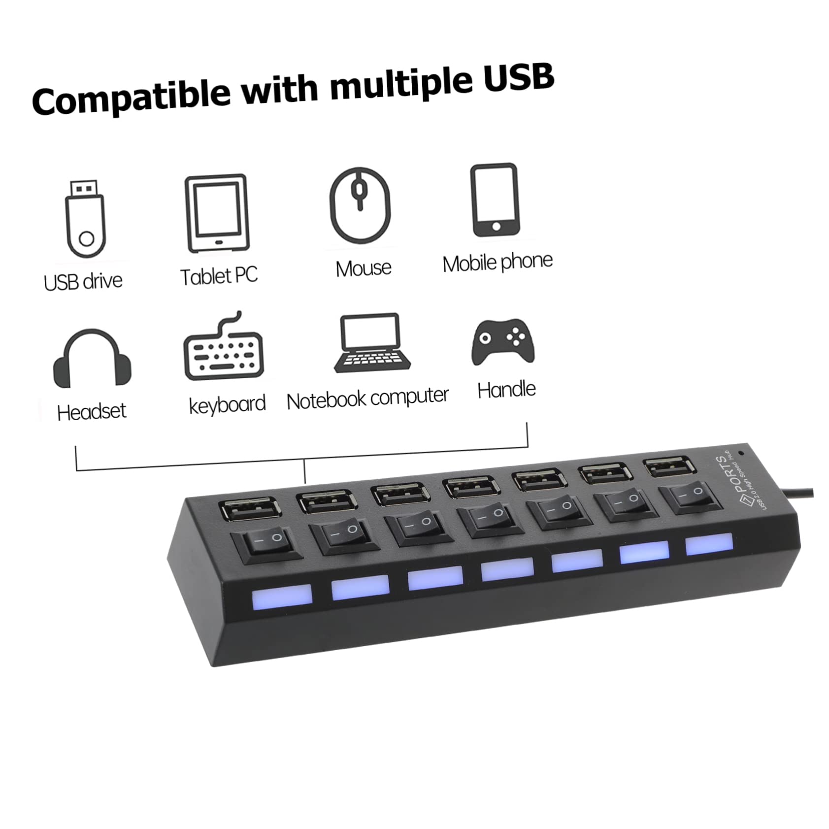 UKCOCO 3-Port USB Hub with 7-Line Extension - High-Speed USB 2.0 Data Hub for Laptop, PC, MacBook - Expand USB Ports for Keyboard, Mouse, Flash Drive, Printer - Compact ABS Design for Home & Office Use