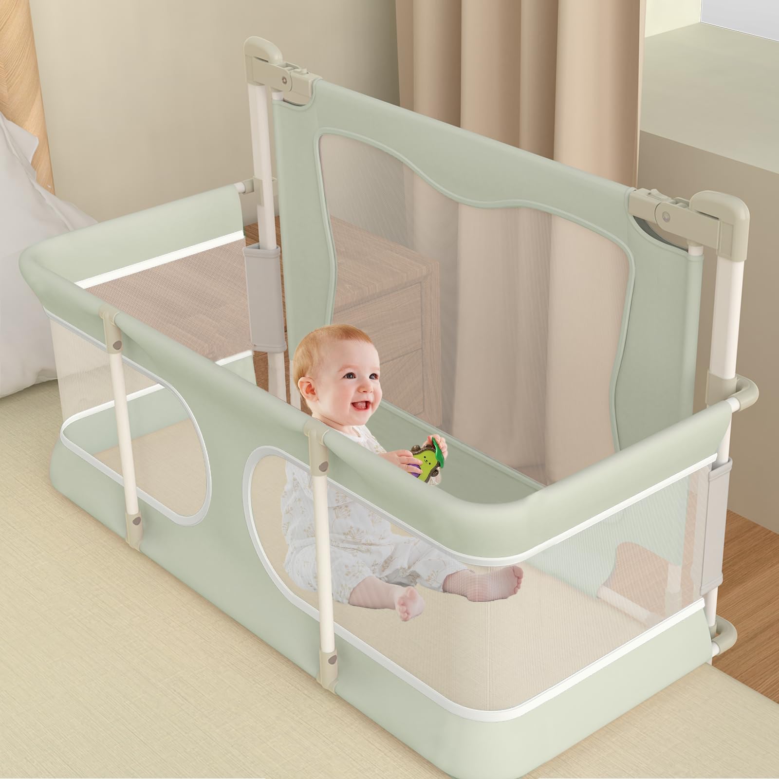 **Portable Baby Bassinet Bedside Sleeper - Adjustable Height Foldable Crib with Safety Rail for Newborns & Toddlers | Perfect for Co-Sleeping, Nursery, and Travel**