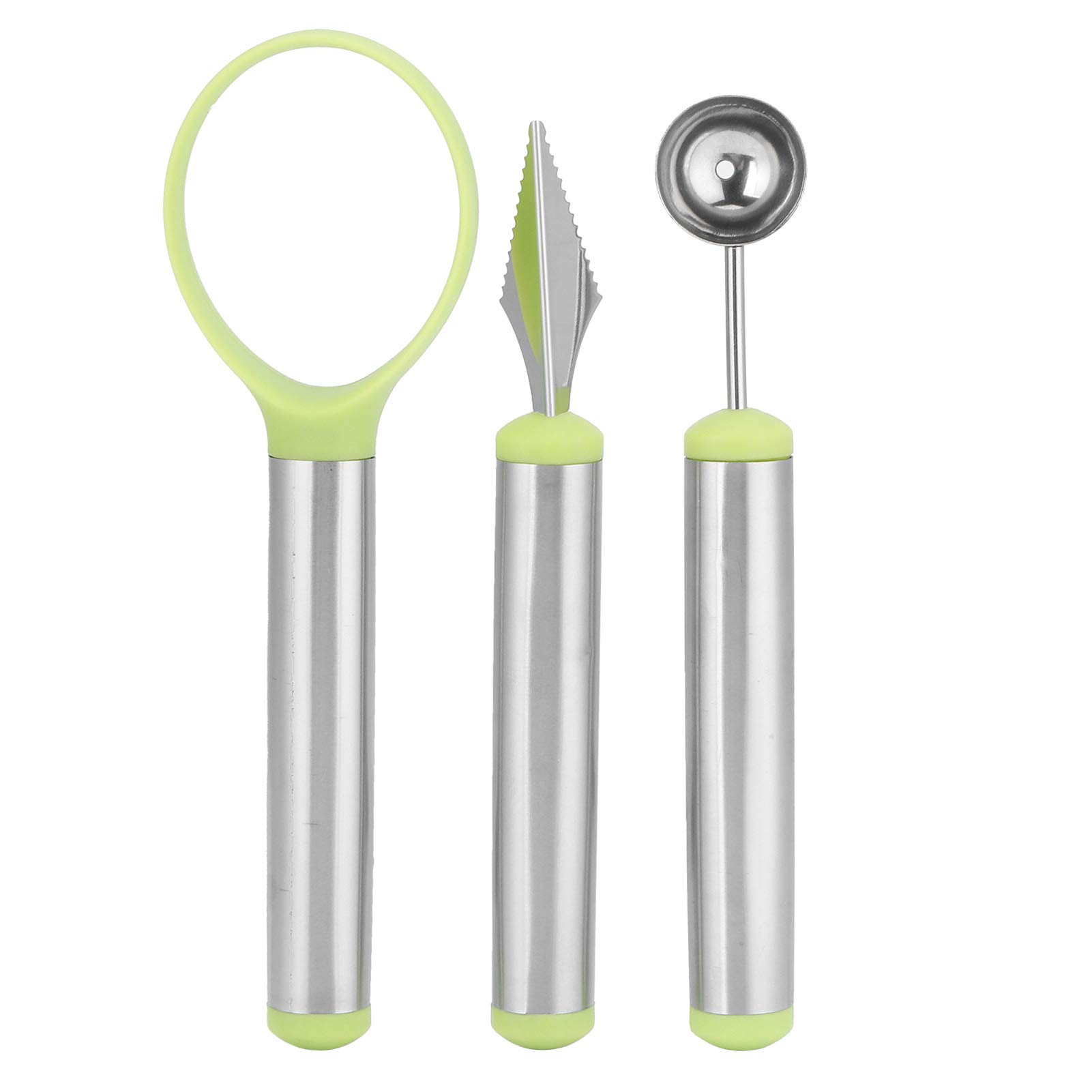 3PCS Stainless Steel Fruit Spoon Set with Small Hole - Watermelon Baller, Carving Knife & Peeler - Durable Kitchen Tools for Fruit Carving, Salad Making & Party Serving (Green)