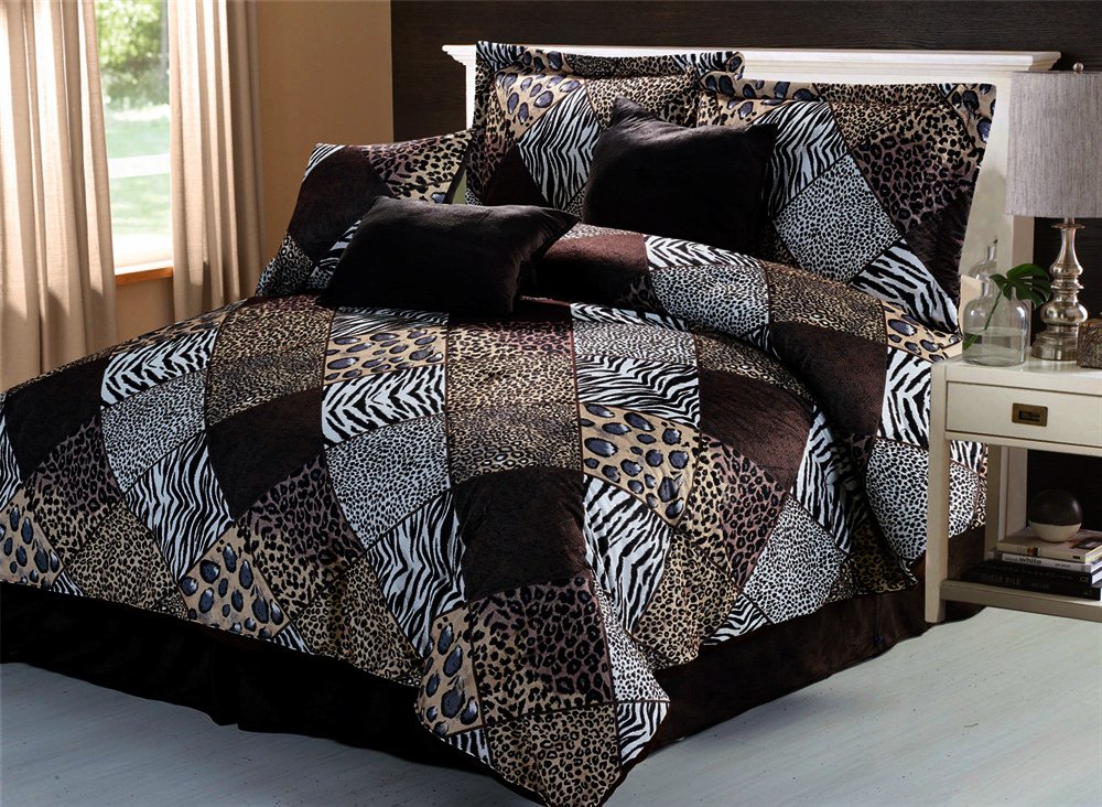 5-Piece Twin Size Safari Comforter Set - Zebra, Giraffe, Leopard & Tiger Animal Print Bedding - Brown/Beige/Black/White Micro Fur Bed in a Bag - Perfect for Kids' Rooms, Jungle Themed Decor & Wild Animal Lovers