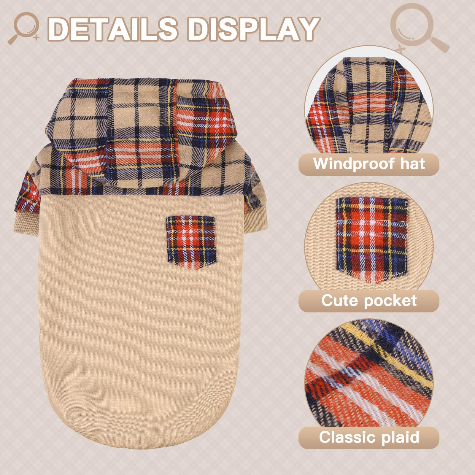 Plaid Dog Hoodie for Small, Medium & Large Dogs - Warm Fleece Sweatshirt with Hat & Leash Hole | Cozy Pullover Dog Sweater for Puppies, Bulldogs (XS, S, M, L) | Perfect for Winter Walks & Indoor Comfort