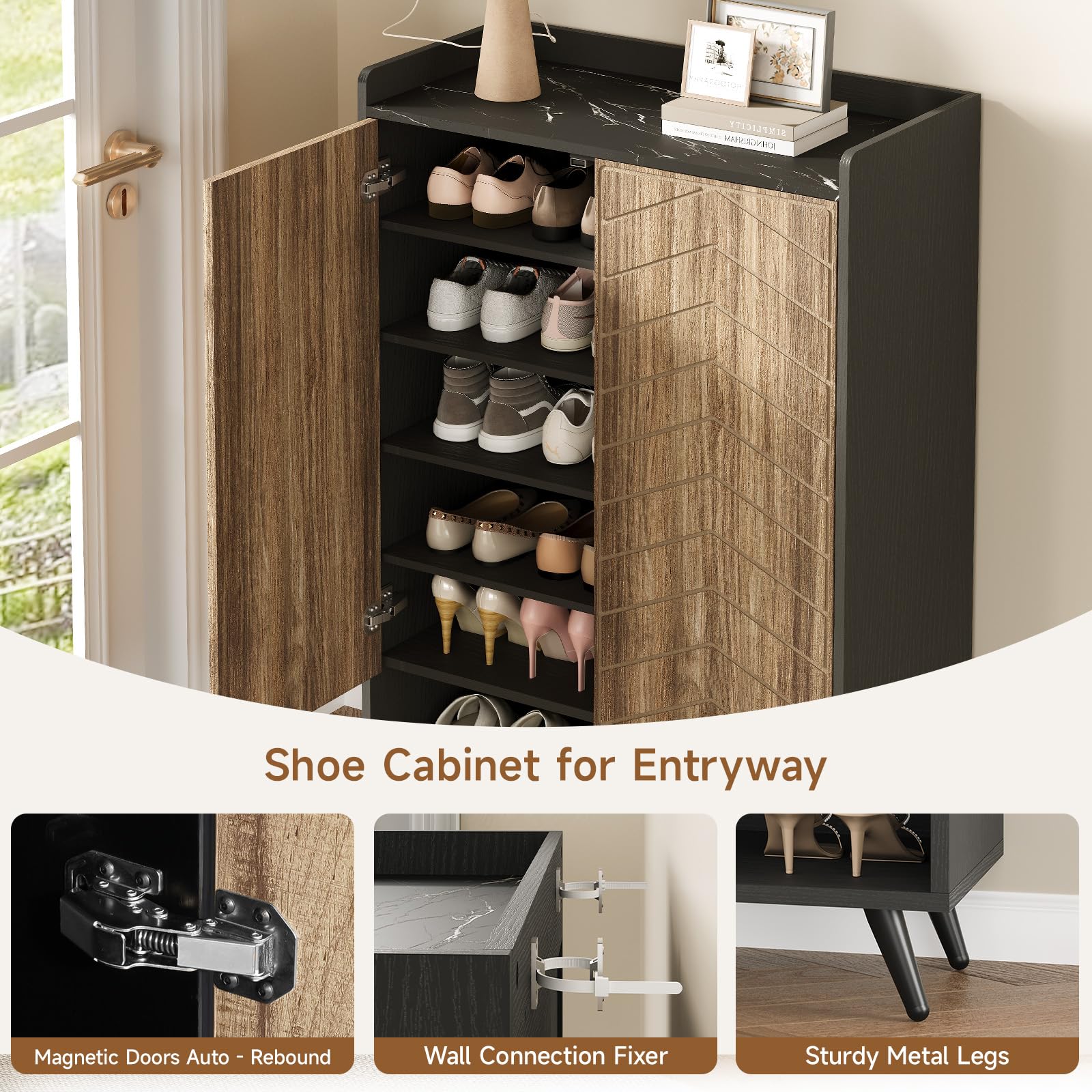 6-Tier Adjustable Shoe Storage Cabinet with Doors - Freestanding Shoe Organizer for Entryway, Hallway & Living Room - Black & Brown Shoe Rack with Bottom Storage Cubby - Perfect for Small Spaces & Clutter-Free Home Organization