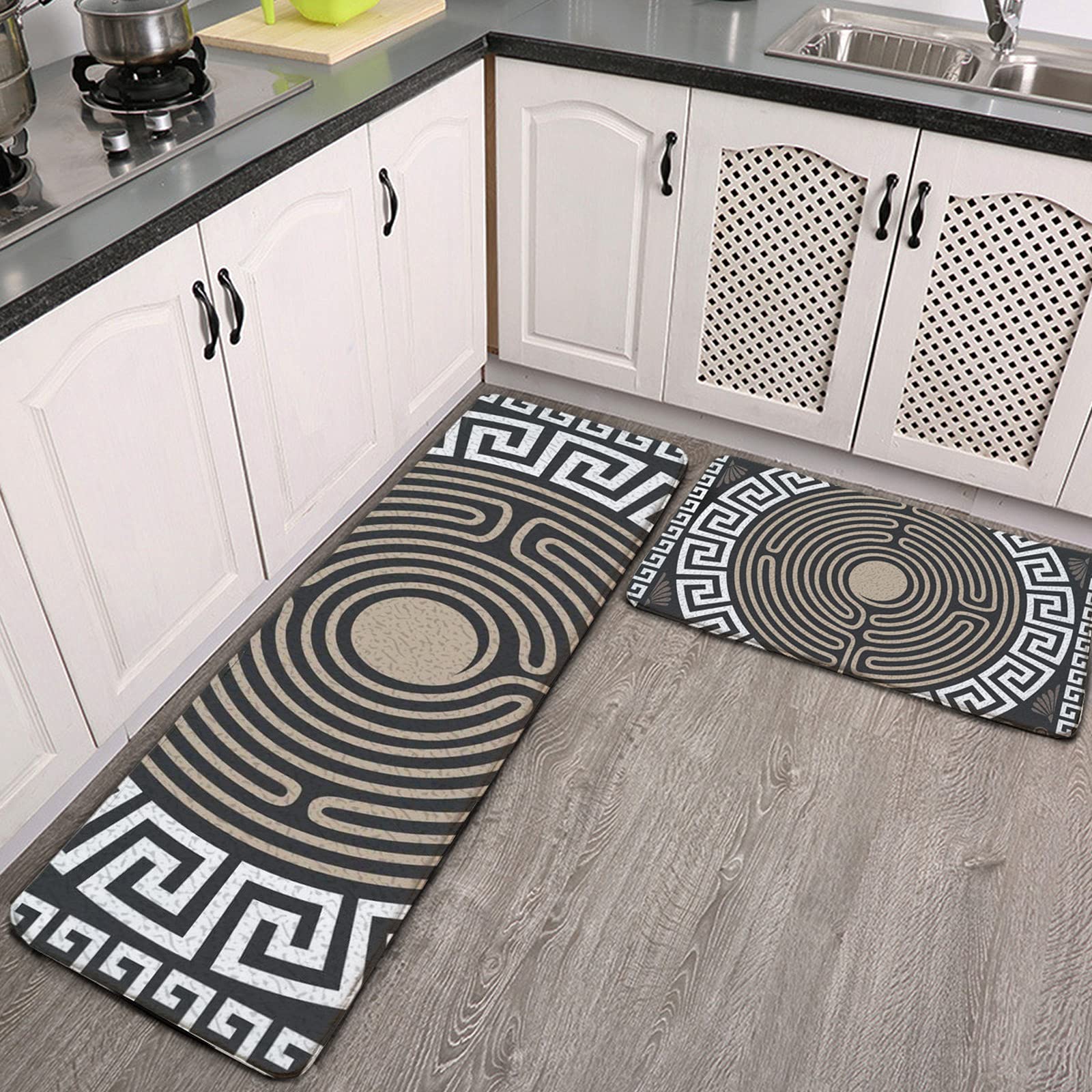 2 Pcs Non-Slip Kitchen Rug Set - Soft Washable Super Absorbent Floor Mats with Greek Key & Wave Pattern for Kitchen, Bathroom, Laundry - Perfect for High Traffic Areas & Spill Protection