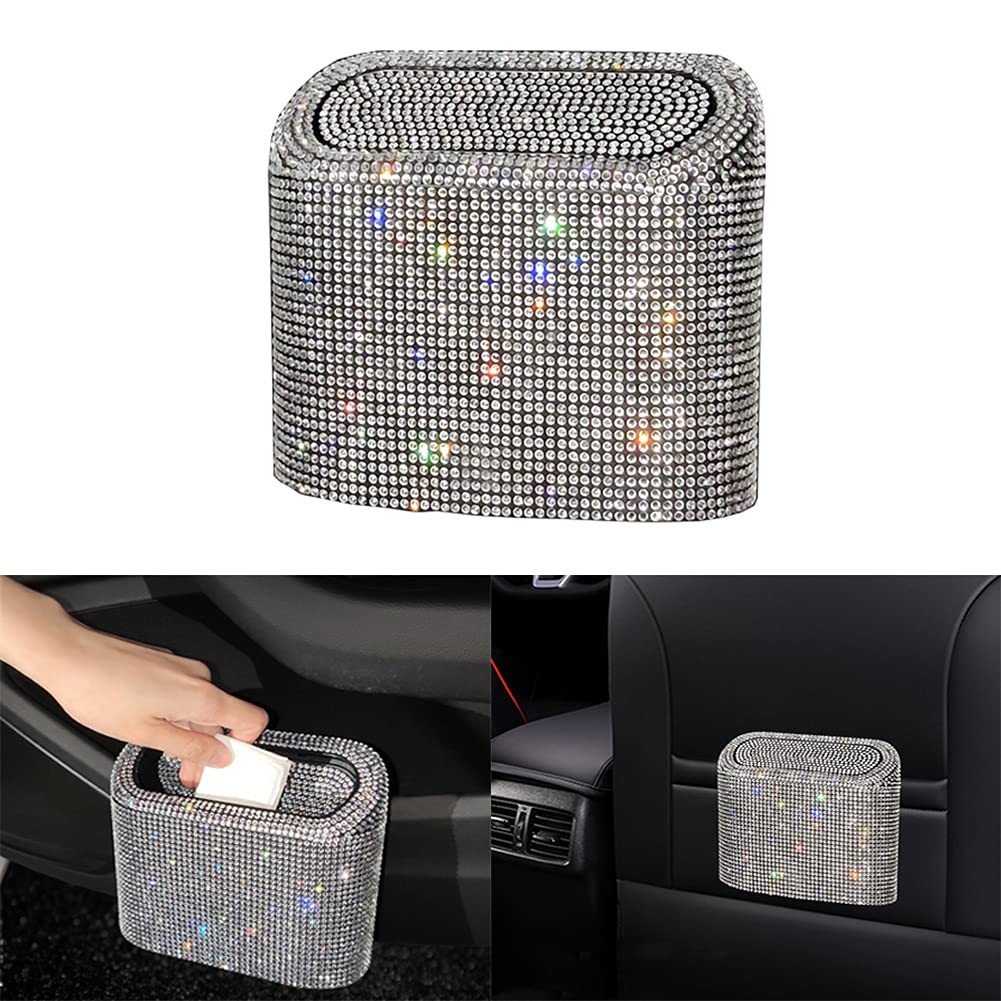 Bling Car Trash Can - Small Leakproof Hanging Garbage Bin with Lid & Rhinestone Design (White) | Perfect for Cars, Offices, Bedrooms & Travel | Multipurpose Storage Container