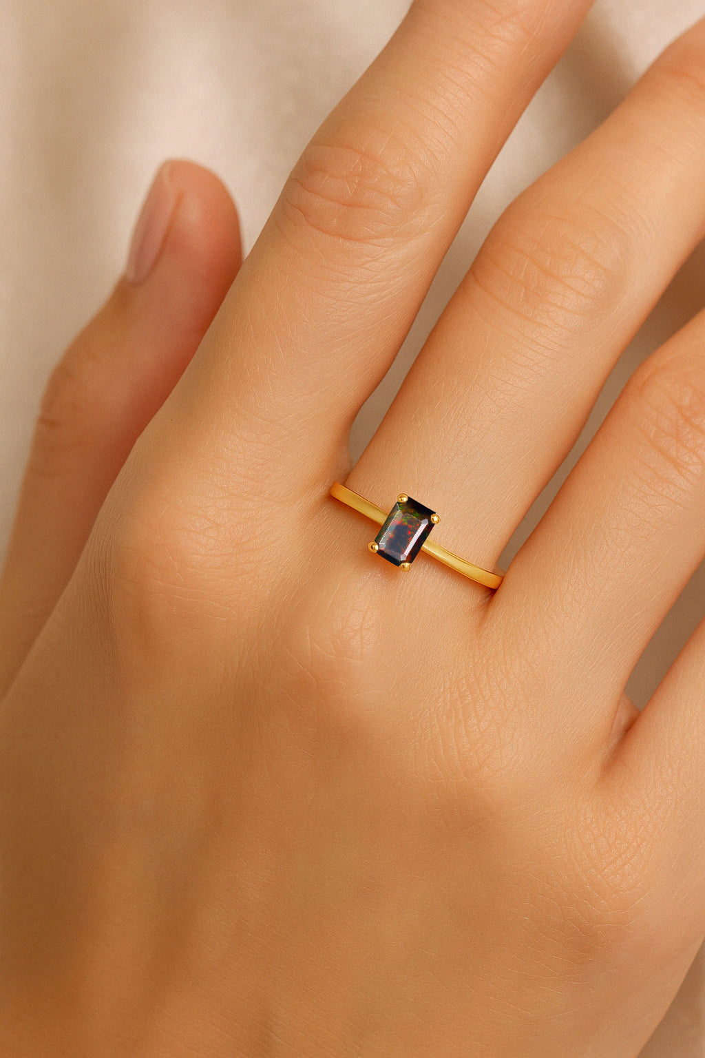 Natural Black Opal Single Baguette Stone Solitaire Ring – Elegant Handmade Jewelry for Women, Perfect for Weddings, Anniversaries & Special Occasions