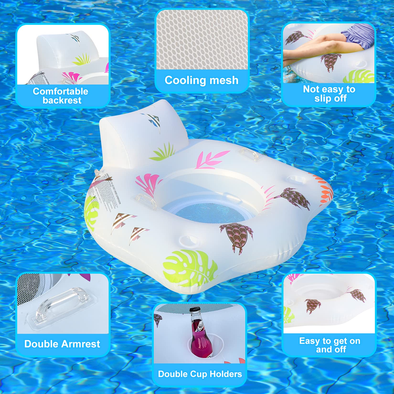 Solar Powered Inflatable Pool Floats Chair with Color Changing LED Lights - 2 Cup Holders & Armrests for Adults - Beach Float, Pool Sofa, Lounge Raft - Perfect for Summer Relaxation by Pool, Lake or Beach Parties