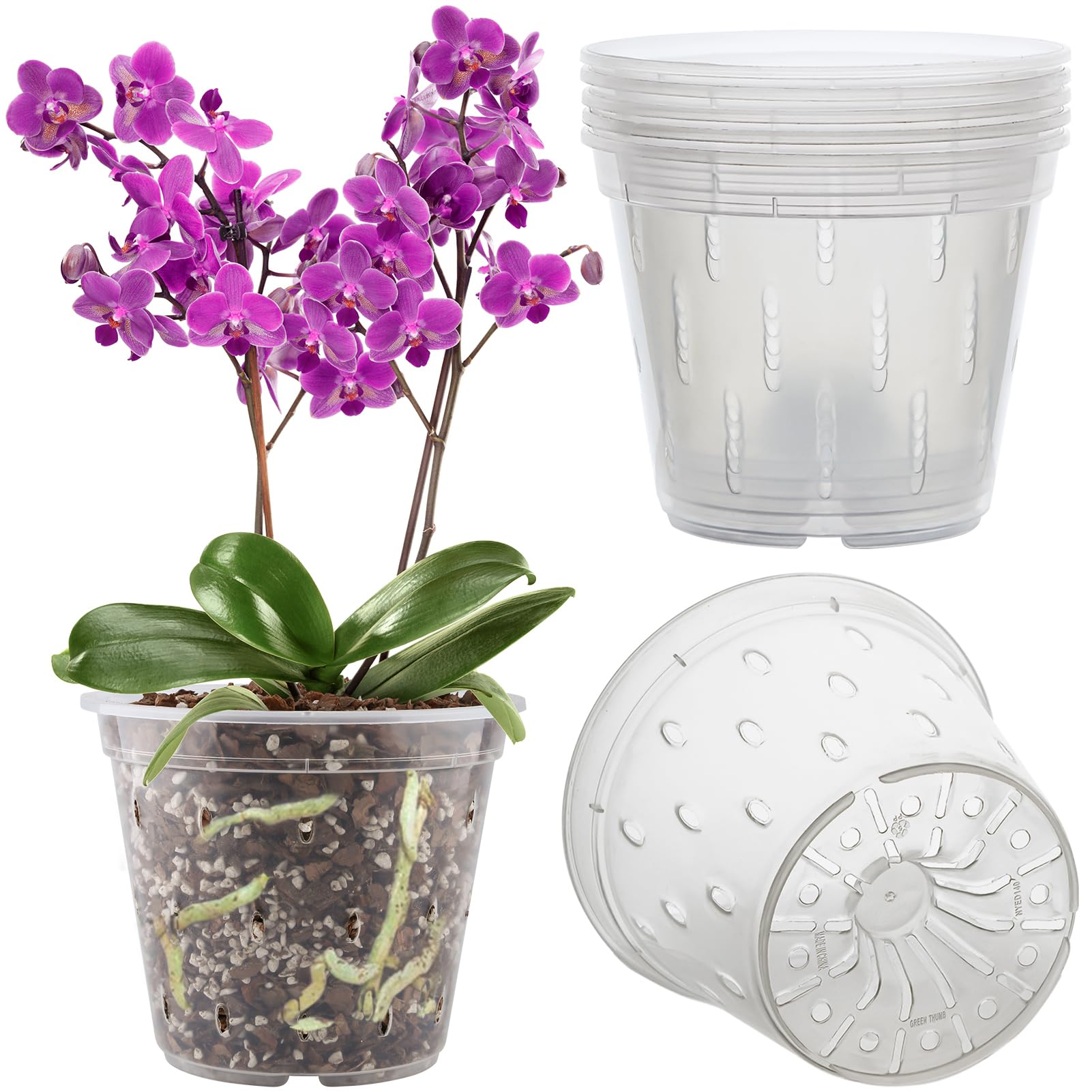 Remiawy 6 Pack Clear Orchid Pots with Holes - 5.5 Inch Breathable Plastic Flower Planters for Indoor/Outdoor Orchid Repotting - Perfect for Phalaenopsis, Dendrobium & Other Airflow-Loving Plants (Home Decor, Garden, Greenhouse Use)
