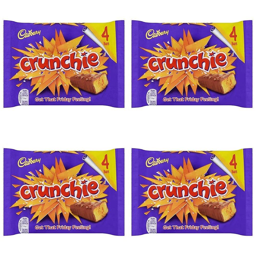 Original Cadbury Crunchie Chocolate Bar Pack of 4 - UK Imported Honeycomb Coated Chocolate Candy | Perfect for Gifts, Snacking & British Treat Lovers